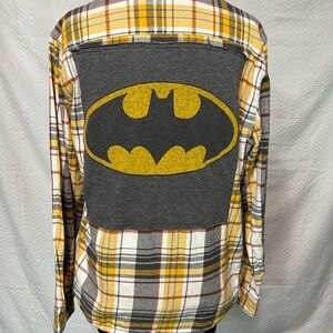Upcycled Plaid Flannel Shirt with Batman Logo